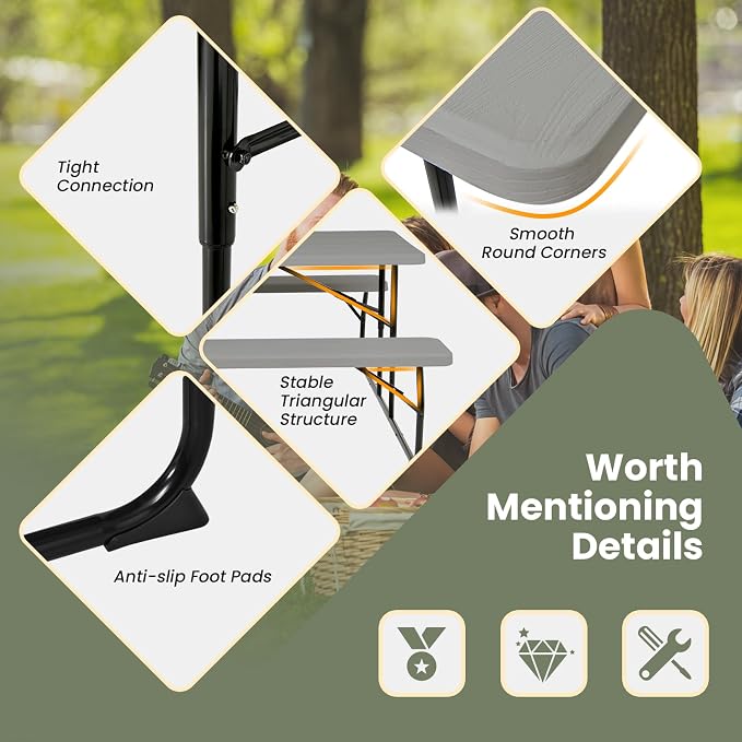 LDAILY Moccha Folding Picnic Table - Portable Picnic Table with Benches, HDPE Tabletop, Metal Frame, Foldable Camping Table, Outdoor Dining Table Set for Garden Party BBQ Patio Table Bench Set (Grey)