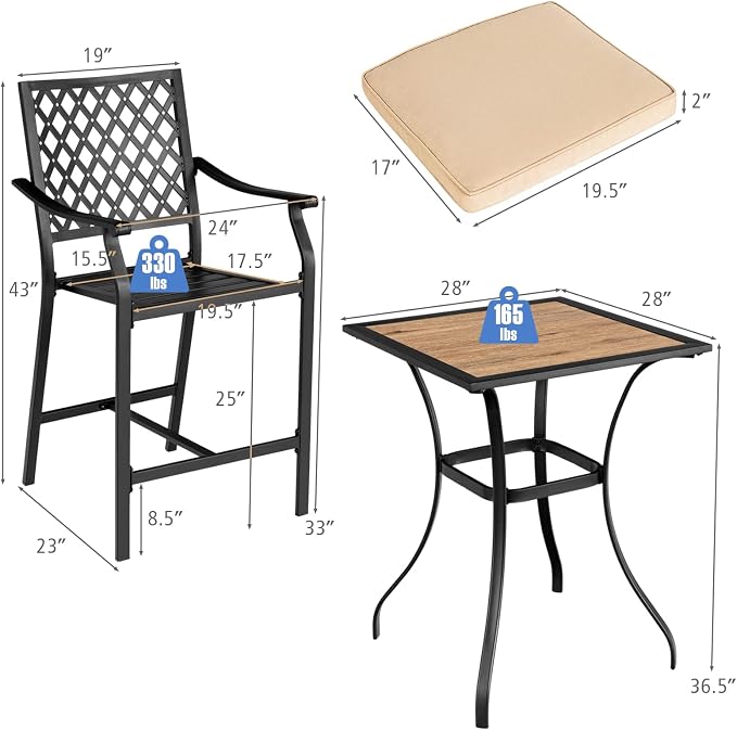 Giantex Patio Bar Table Outdoor Square Bistro Bar High Table All Weather Patio Dining Table Garden Backyard Porch Lawn Poolside
