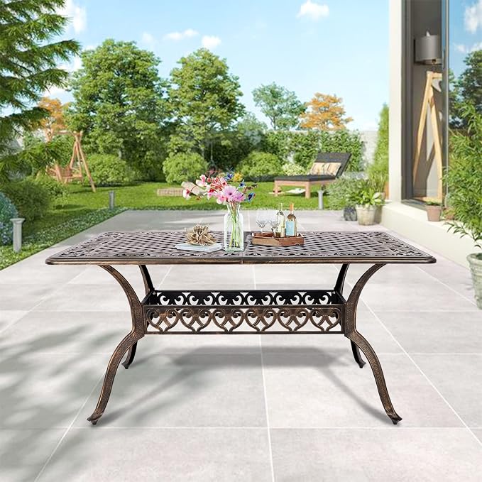TITIMO Cast Aluminum Patio Dining Table 59'' - Outdoor Dining Rectangle Table Weather-Resistant Table with 2.0" Umbrella Hole for Balcony Lawn Garden Backyard Outdoor Furniture(59" Lx35.2 Wx 28.4" H)