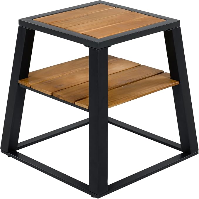 Outdoor Side Table, 2-Tier Acacia Wood End Table with White Iron Frame, Weather-Resistant Patio Side Table with Storage Shelf, Teak Finish, 30 lbs Capacity, Black
