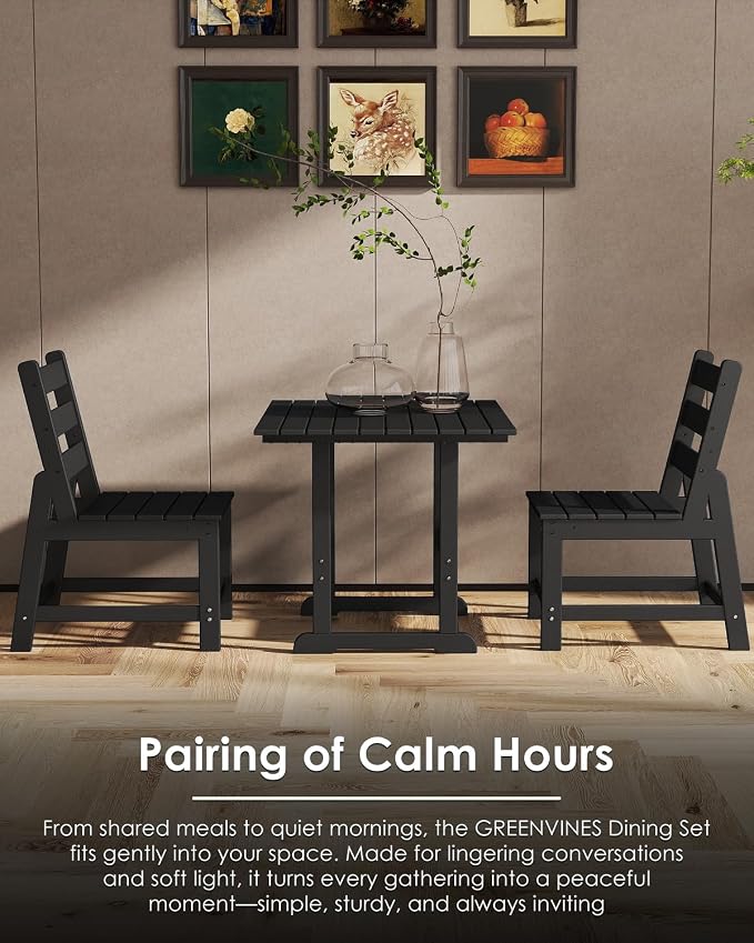 GREENVINES 5-Piece-Outdoor-Dining-Set | HDPE | Square | Patio Furniture | All Weather | Armless Chair | Slatted Table and Chairs Sets for 4 | for Backyard Poolside Garden | Black