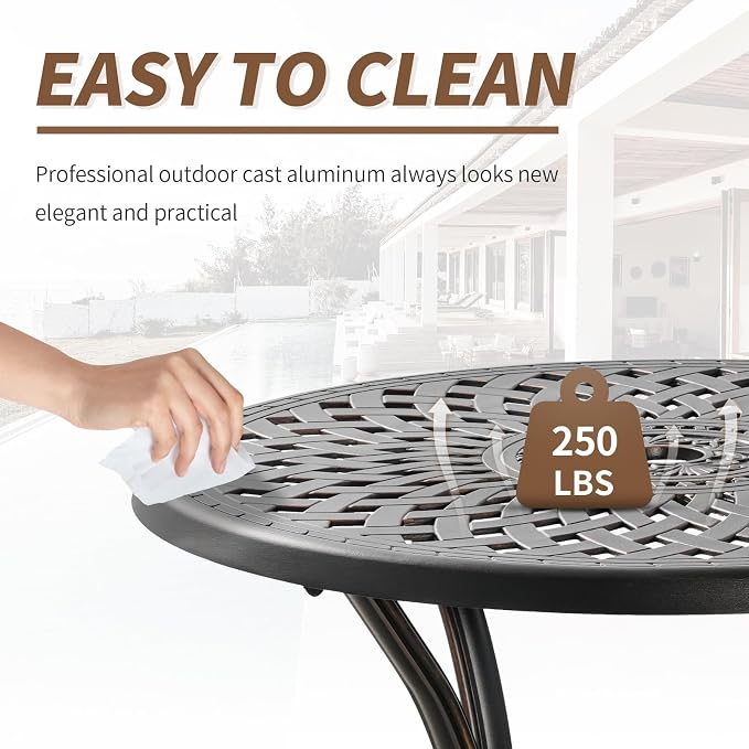 31.5" Round Patio Table Cast Aluminum Patio Dining Table with 2.2" Umbrella Hole,All Weather Outdoor Round Tabel,Metal Patio Table for Fornt Porch, Backyard, Garden,Bronze