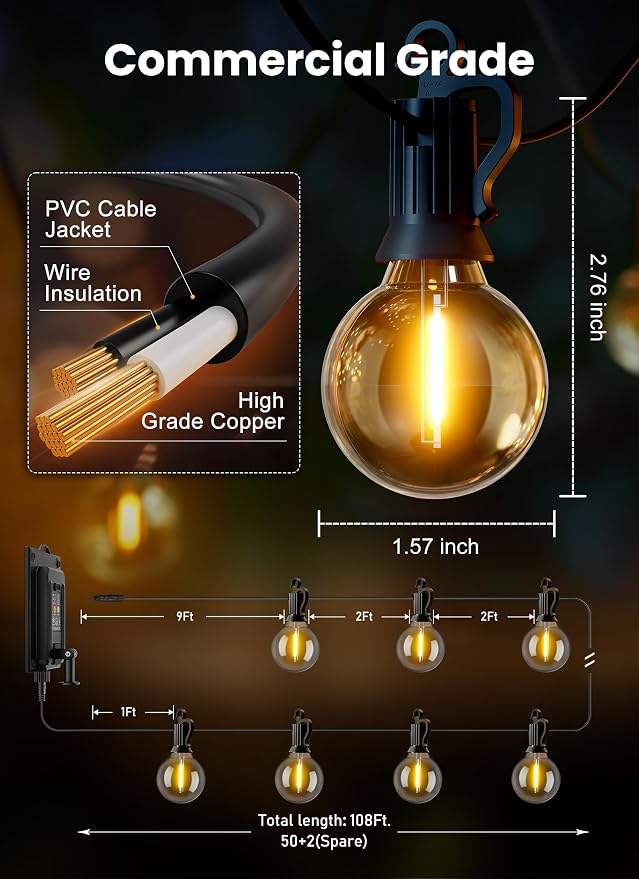 Brightown 108FT 52LED Solar String Lights Outdoor with Remote & USB Port | Shatterproof Bulbs, Dimmable & Timable, 3 Modes, Patio Lights Solar Powered with a Mount Clip for Camping Backyard Garden