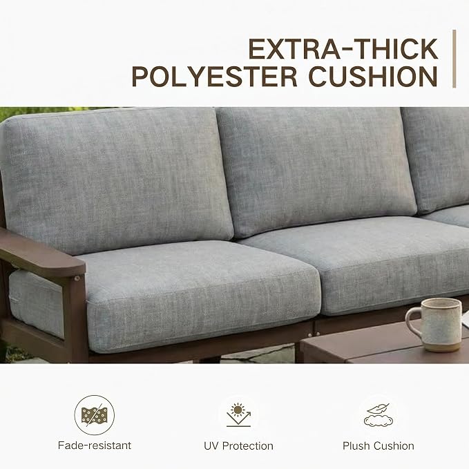 Kingdura HDPE Patio Furniture Set, 3 Piece Outdoor Sectional Sofa with Coffee Table, All Weather Outdoor Couch Conversation Set with Washable Cushions for Backyard Poolside Balcony