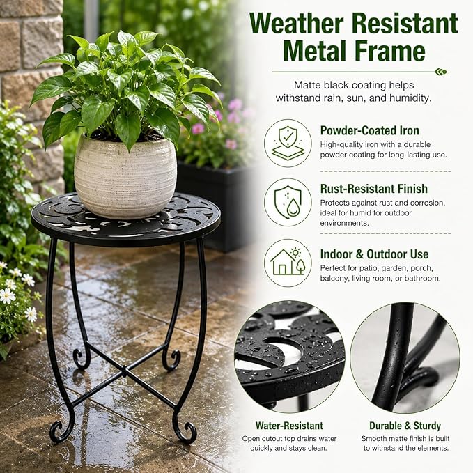 15 Inch Tall Metal Plant Stand Indoor Outdoor, Round Side Table with Swirl Pattern, Rust Resistant Iron Flower Pot Holder for Patio Garden Porch Living Room