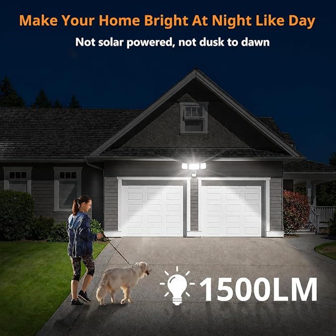 LEPOWER 1500LM Battery Powered Outdoor LED Flood Light with Motion Sensor | IP65 Waterproof, Wireless Battery Operated Security Lights, 3 Head Motion Detector Light for Garage,Yard,Porch,Driveway-Black