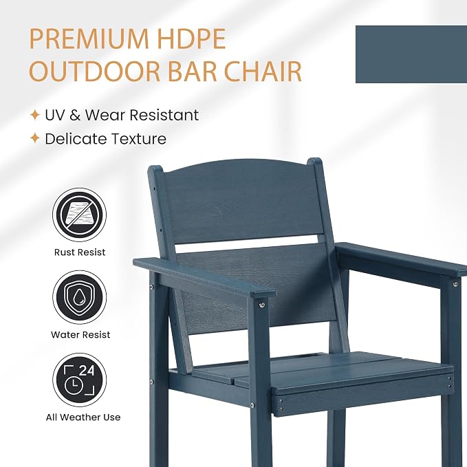 2 Pack Outdoor Bar Stools, HDPE Patio Bar Chairs with Armrests & Footrest, Weather Resistant All-Weather Counter Height Chairs for Outdoor Deck, Backyard, Poolside,Blue