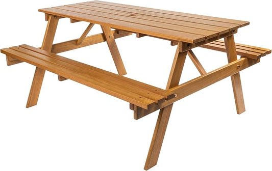 JONATHAN Y Shoreham 55" Eucalyptus Wood Outdoor Picnic Table with Benches for Patio, Rectangular Dining Set with 2" Umbrella Hole, Heavy Duty 700 lbs Capacity, Teak Brown BNH200A-NEW