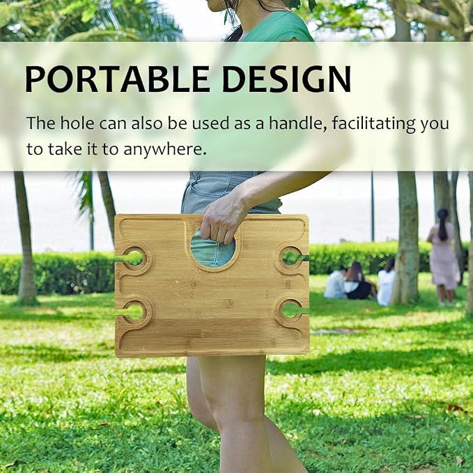 Portable Bamboo Picnic Wine Table for 4 - Folding Snack Tray with Bottle and Glass Holders - Low Camping and Beach Table for Outdoor Cheese and Charcuterie