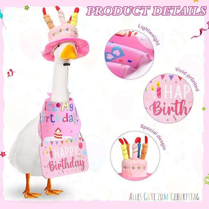 Happy Birthday Porch Goose Outfit Lawn Goose Cloth Costume for 23" Cement Plastic Patio Yard Statue Outdoor(Pink,Triangle Scarf)