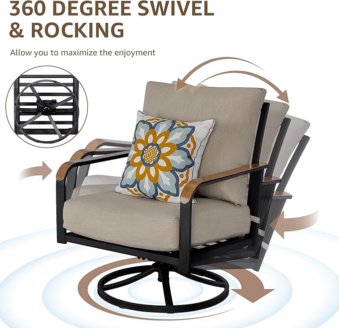 NATURAL EXPRESSIONS Patio Furniture Sets,Modern Metal Outdoor Conversation Sofa Set with 4 Pc High Back Swivel Rocking Chairs,Anti-Scald Armrest,Double-Deck Wooden-GrainTable, 6" Cushions for Balcony