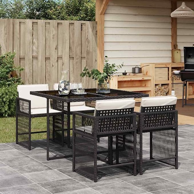5-Piece Garden Dining Set with Rectangular Patio Dining Table and 4 High-Back Chairs with Cushions, Black Poly Rattan and Tempered Glass Outdoor Set