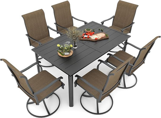 Patio Dining Set 7, 29" Heigh Rectangle Table and Brown Swivel Chairs Sty1 | 63"x38" Metal Table, 29" Heigh Table Top,All Weather; 6 Piece Swivel Chairs: High Back,Retro Armrest,Textilene Fabric,Rocking