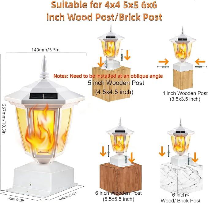 Dynaming 6 Pack Solar Flame Post Lights Outdoor, Solar Powered Lamps Fence Post Cap Lights, Flickering Flame LED Lantern Waterproof for Garden Deck Patio, Fit 4x4, 5x5 6x6 Wooden Posts, White Shell
