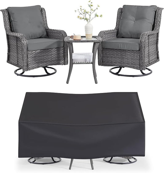 Wumiokio Patio Furniture Sets, 3 Pieces Wicker Outdoor Furniture - 360 Degree Swivel Rocking Chairs and Rattan Side Table for Garden,Porch,Backyard (Grey Wicker/Grey Cushion, 3PCS - Swivel Chairs)