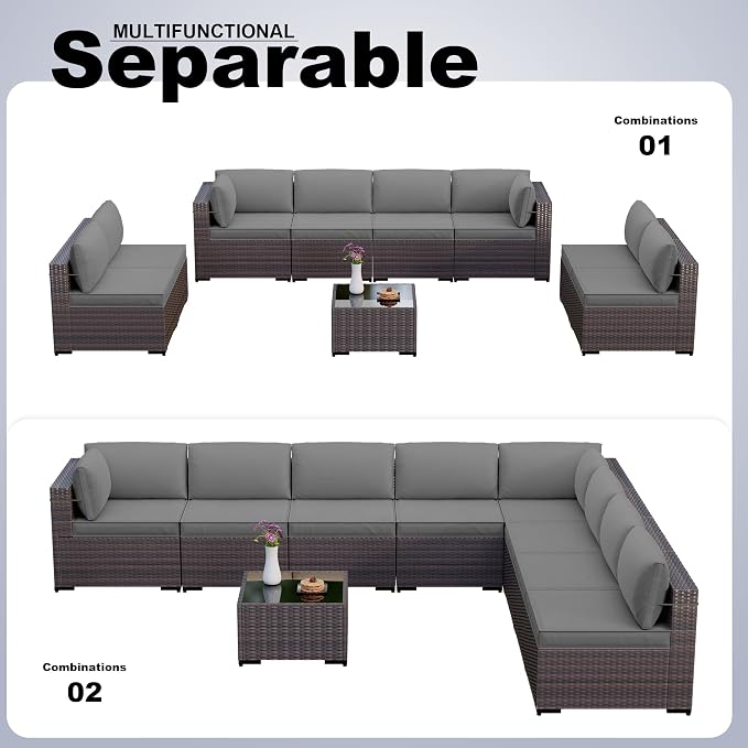 Kullavik 9 Pieces Outdoor Patio Furniture Set,Outdoor Sectional Rattan Sofa Set Brown PE Rattan Wicker Patio Conversation Set with Tempered Glass Coffee Table and Washable Cushions Covers,Grey