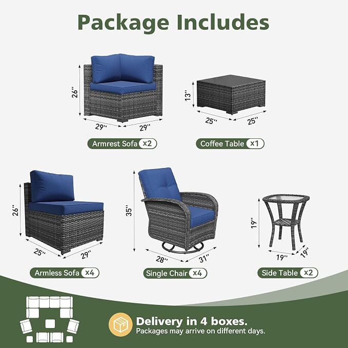 Aoxun 13 Piece Outdoor Patio Furniture Set with Coffee Table, Wicker Rattan Outdoor Furniture with High Back Swivel Rocker Chairs, Outdoor Conversation Set with Thick Cushion & Side Table, Navy Blue