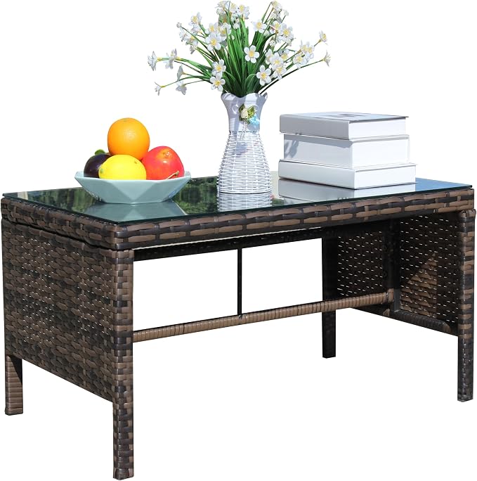 30.75" Outdoor Patio Side Table – Low Rectangle Coffee Table with Tempered Glass Top, Outdoor Wicker End Table for Backyard Deck Patio, 180 lbs Capacity, Brown