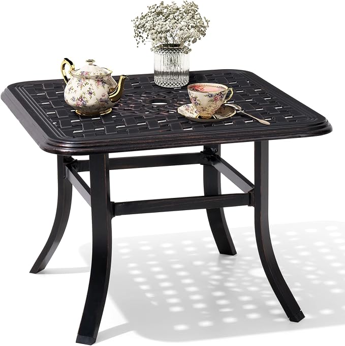 Crestlive Products Cast Aluminum Patio Side Table Outdoor Square Anti-Rust Small Table with Umbrella Hole, Coffee Bistro Table，Market Umbrella Table, 24’’x 24’’, Black with Bronze Spot