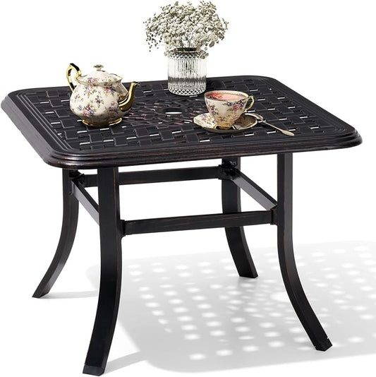 Crestlive Products Cast Aluminum Patio Side Table Outdoor Square Anti-Rust Small Table with Umbrella Hole, Coffee Bistro Table，Market Umbrella Table, 24’’x 24’’, Black with Bronze Spot