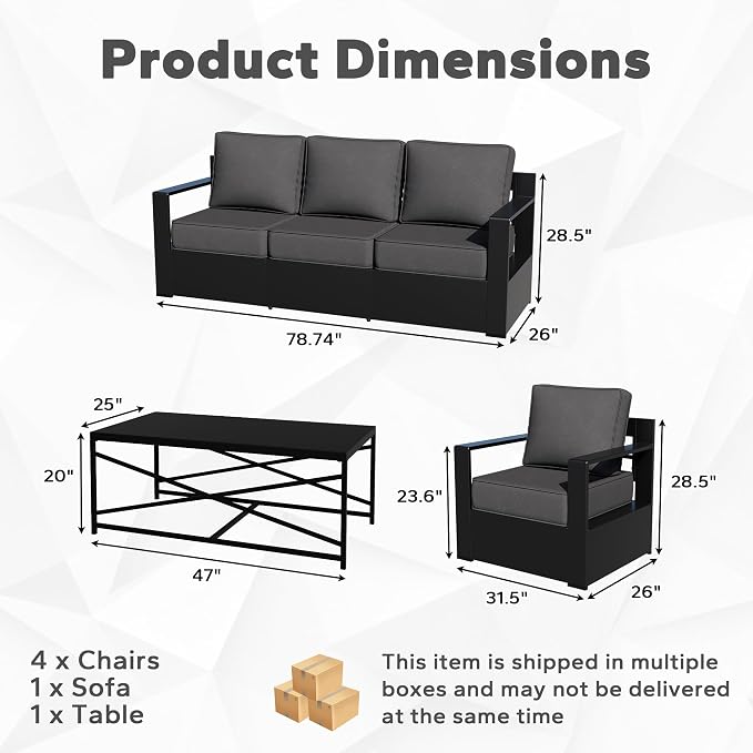 Outdoor Aluminum Furniture Set, 6-Piece Patio Conversation Set, 4 Chairs 1 Sofa and 1 Table, All-Weather Metal Frame, 6" Thick Removable Cushions, Deep Setting for Garden, Poolside and Porch