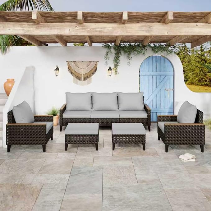 7 Piece Patio Furniture Set, All-Weather Wicker Rattan Outdoor Sectional Sofa Set with High Backrest and Thick Cushions for Garden, Porch, Poolside, Grey