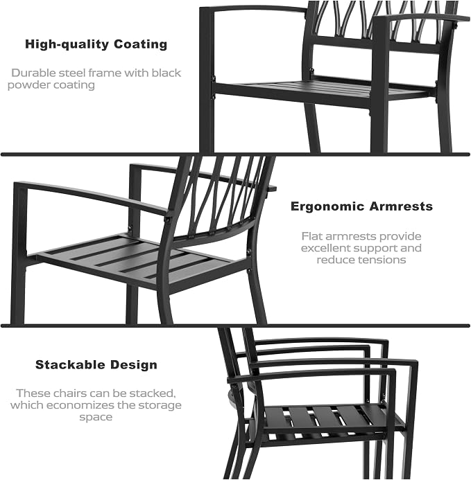 NUU GARDEN Outdoor 7-Piece Patio Dining Set, 6 Patio Chairs and 61" x 37" Rectangle Metal Dining Table with Umbrella Hole, Iron Frame Wood-Grain Tabletop, for Backyard, Deck, Garden, Black
