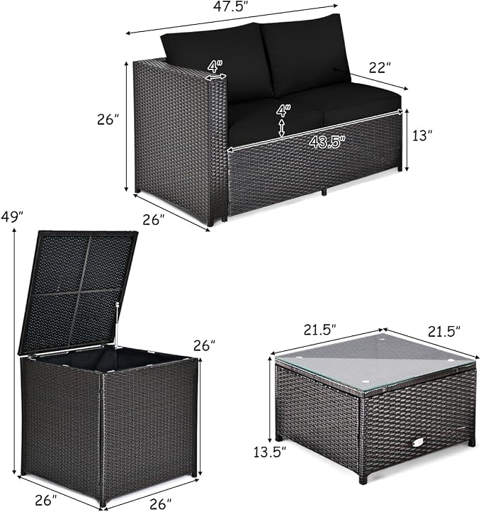 Tangkula 8 Piece Wicker Patio Set with Storage, All Weather-Proof Outdoor Conversation Set with Loveseat, Glass Top Coffee Table & Storage Box, Suitable for Garden, Poolside, Sunroom (2, Black)