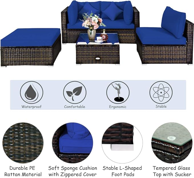 RELAX4LIFE 5-Piece Rattan Sofa Set - Wicker Conversation Set w/Armless Sofa, 2 Corner Sofas, Ottoman, Tempered Coffee Table, All Weather Outdoor Furniture Set for Patio, Poolside, Yard (Navy Blue)