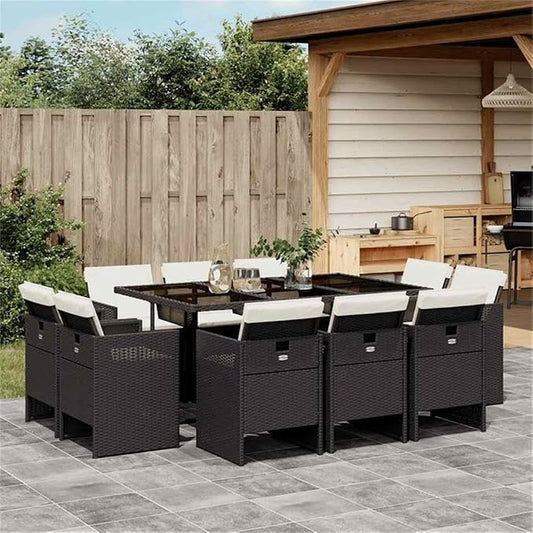 Afuera Living 11 Piece Poly Rattan Patio Dining Set, Black/Cream White Finish, Includes Rectangular Table and 10 High-Back Chairs with Cushions, Weather-Resistant, Foldable Design for Outdoor Garden