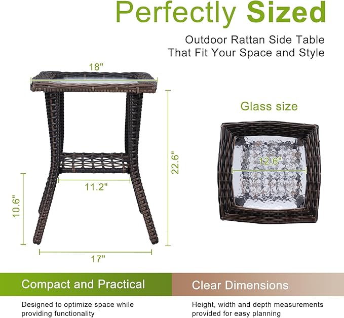 Outvita Rattan Outdoor Side Table with Glass Top & Storage Shelf | Small patio end coffee table, versatile furniture for porch, backyard, balcony and indoor living room
