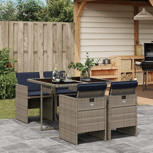 5 Piece Garden Dining Set with Cushions Grey Poly Rattan Outdoor Patio Furniture Space Saving Foldable Chairs Tempered Glass Table for Backyard Deck Al Fresco Dining