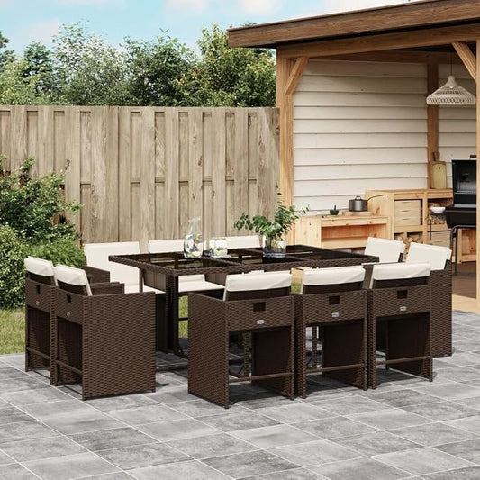 11 Piece Outdoor Dining Set with Cushions, Brown Poly Rattan Patio Furniture for Garden Backyard, Foldable Chairs with Tempered Glass Table, Space-Saving, Weatherproof