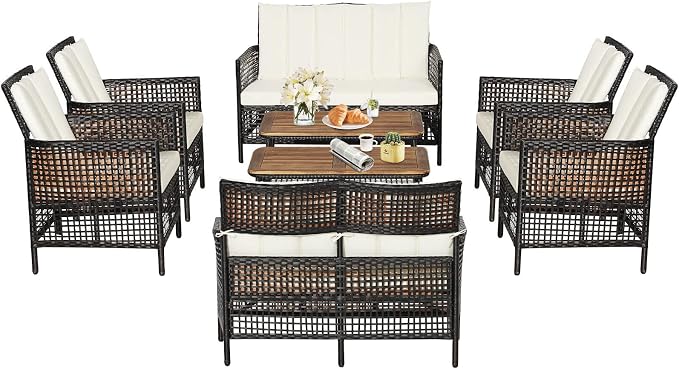 Tangkula 8 Pieces Patio Furniture Set, Outdoor PE Wicker Conversation Set with 2-Tier Coffee Table, Acacia Wood Tabletop & Extra Storage Shelf, Outdoor Furniture Sofa Set w/Cushions (2, Off White)