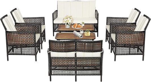 Tangkula 8 Pieces Patio Furniture Set, Outdoor PE Wicker Conversation Set with 2-Tier Coffee Table, Acacia Wood Tabletop & Extra Storage Shelf, Outdoor Furniture Sofa Set w/Cushions (2, Off White)