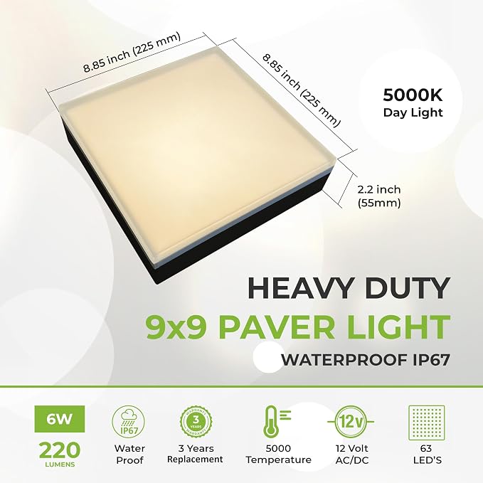 LUMENGY Paver Light 9x9 Inch (8.85x8.85), 2700K Warm White, Glare-Free Brick Lighting for Driveways, Walkways, Pool Decks and Patios, 12V Hardwired, IP67 Waterproof, Drive-Over Rated