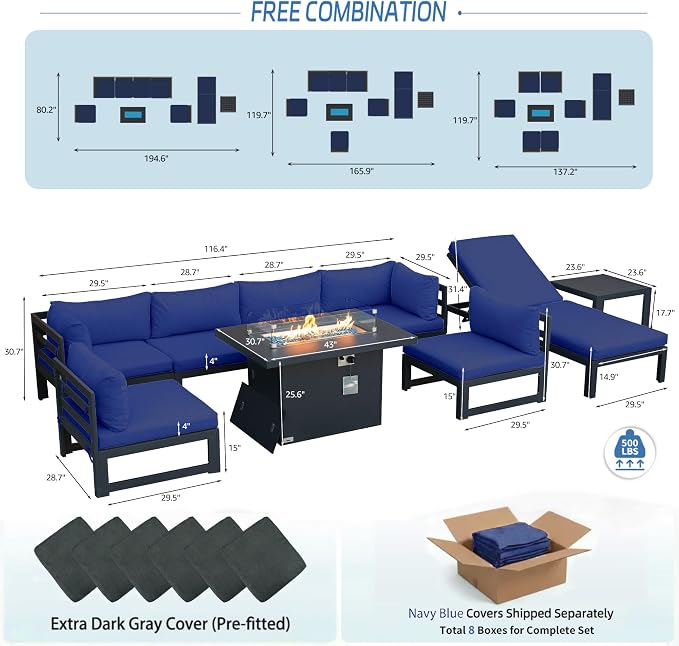 NICESOUL 9 Piece Large Modern Aluminum Patio Furniture Set, Water Resistant Modular Outdoor Conversation Set with Chaise & Fire Pit Table, 500 lbs Durable Modular Sectional Sofa for Garden, Navy Blue