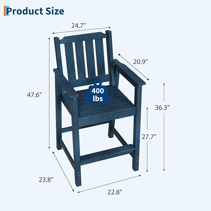 Takywep Set of 4 HDPE Wood Grain Outdoor Bar Stools, 27.7" High Counter Height Chairs with Armrests and Back, Weatherproof Pub Seating for Patio, Balcony, Garden, Deck, Backyard, Navy Blue