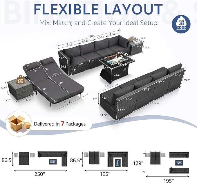 NICESOUL 13 Piece Patio Furniture Set with Fire Pit Table, Luxury Wicker Outdoor Patio Sectional with Fire Pit & Chaise Lounge, 29.3" Highback Extra Large Size Wide Deep Seating, Dark Gray
