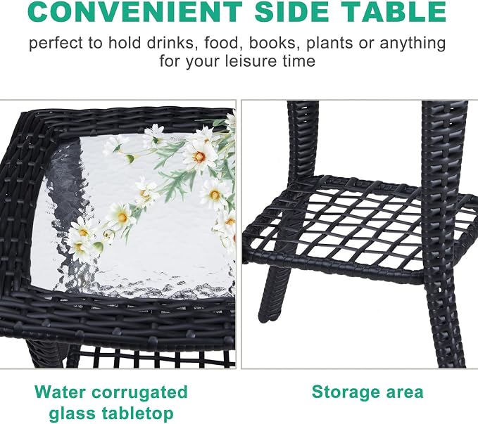 VINGLI Outdoor Side Table with Storage Wicker Patio Side Table, Tempered Glass Top End Table for Balcony Porch Deck (Black)