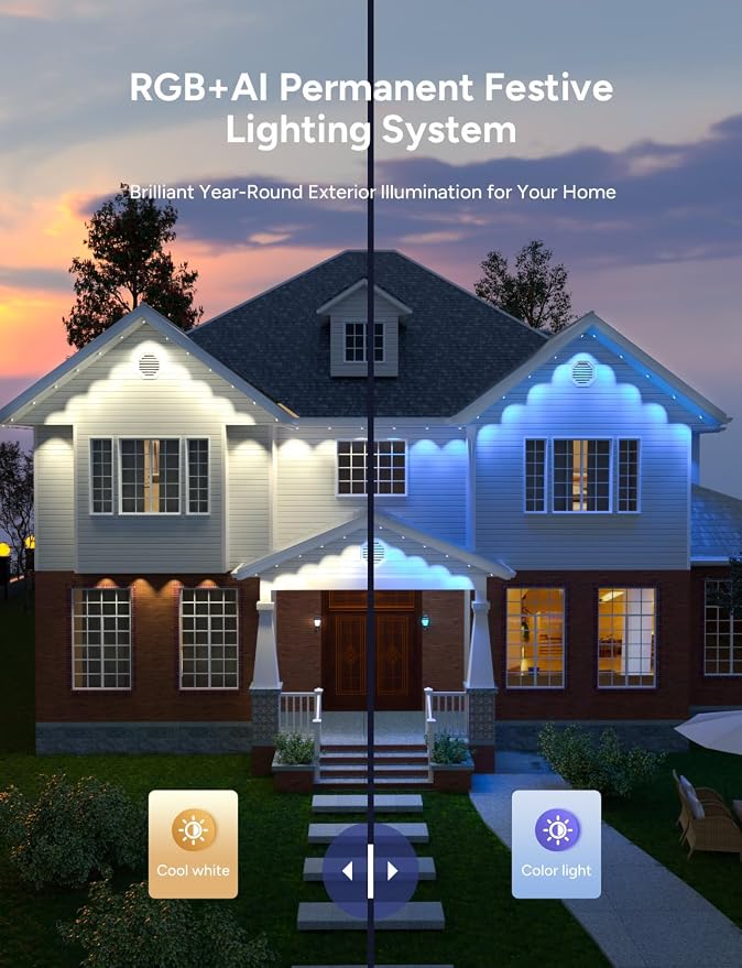 Permanent Outdoor Lights, 50ft with 30 LEDs Smart RGB, 68+ Scene Modes IP66 Waterproof, Alexa/Google Assistant Compatible Holiday Lighting for Christmas Halloween Patio Decor