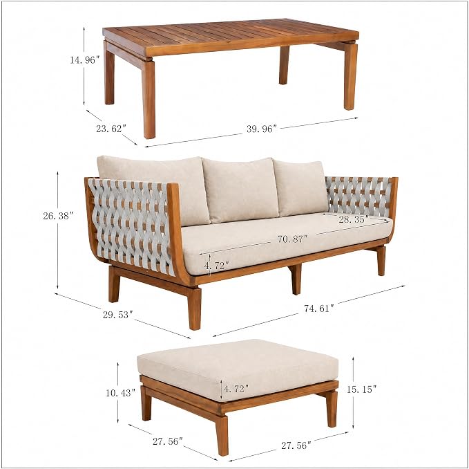 Christopher Knight Home Gwen 4 Piece Acacia Wood Patio Conversation Set with Sofa, Coffee Table and 2 Club Chairs, 3-Seater Sofa with Water-Repellent Cushion, Outdoor Patio Furniture Set, Teak+Beige