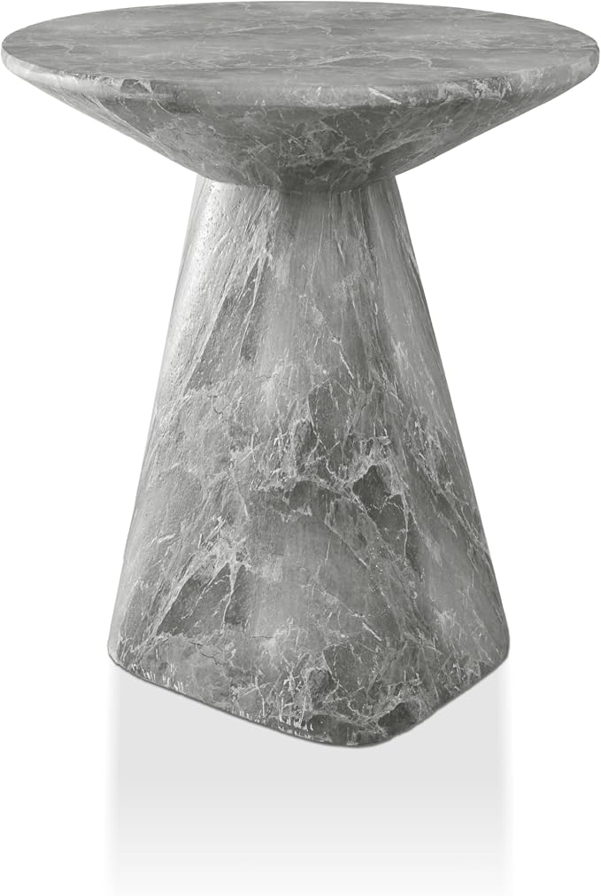 24/7 Shop at Home Ranera Modern 18-inch Natural Stone Side Table with Angular Pedestal Base, Marble Nightstand, Geometric Patio End Table, for Living Room, Covered Outdoor Spaces, Balcony, Gray Marble