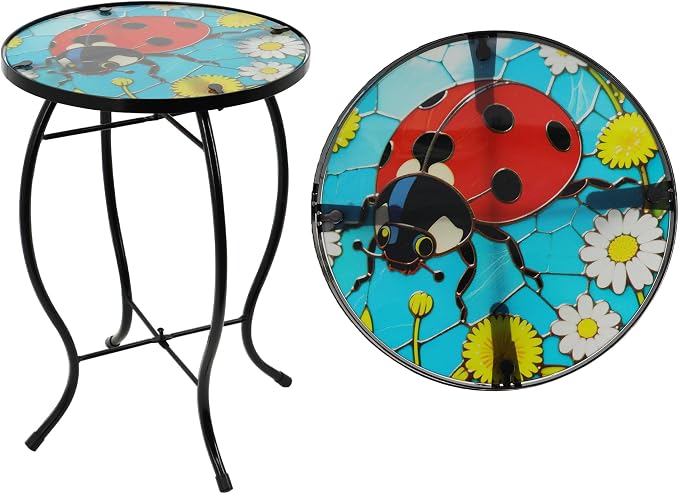 Small Side Table with Metal Frame, 10.5" Round Side Tables with Seven-Spotted Ladybug Pattern,Outdoor Table for Balcony,Terrace,Garden,Living Room