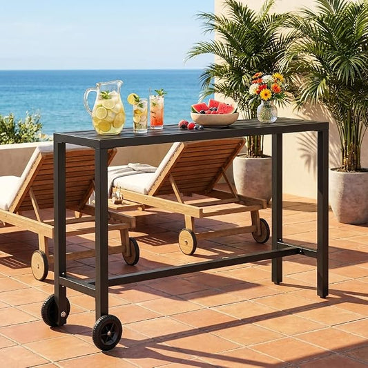 YITAHOME 55" Outdoor Bar Table with Wheels, Narrow Metal Patio Bar Height Table, Modern Rectangle Console Table for Balcony Garden Poolside, Black