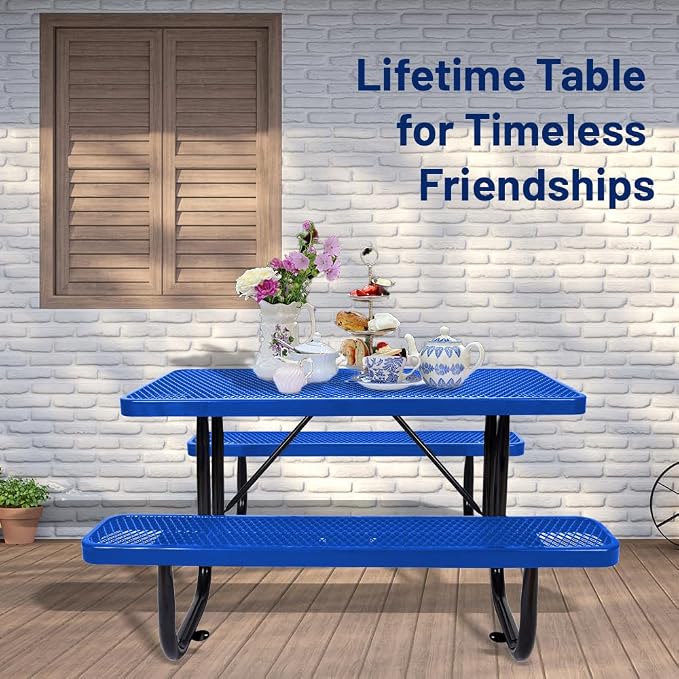 72" Thermoplastic Picnic Table with Umbrella Hole up to 1.5", Heavy Duty Commercial Picnic Table for Outdoor, Family & Party Ready for School Camping, Rectangular, Blue