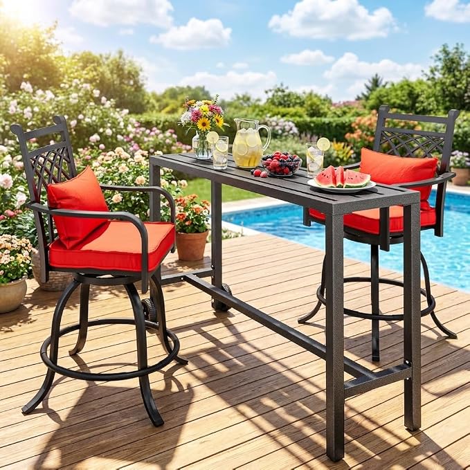 YITAHOME 55" Outdoor Bar Table with Wheels, Narrow Metal Patio Bar Height Table, Modern Rectangle Console Table for Balcony Garden Poolside, Silver Bottom Texture