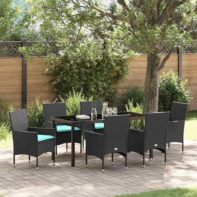 7-Piece Outdoor Dining Set with PE Rattan Chairs and Tempered Glass Table, Modern Garden Patio Furniture, Black, 6-Seater Table and Chair Combo