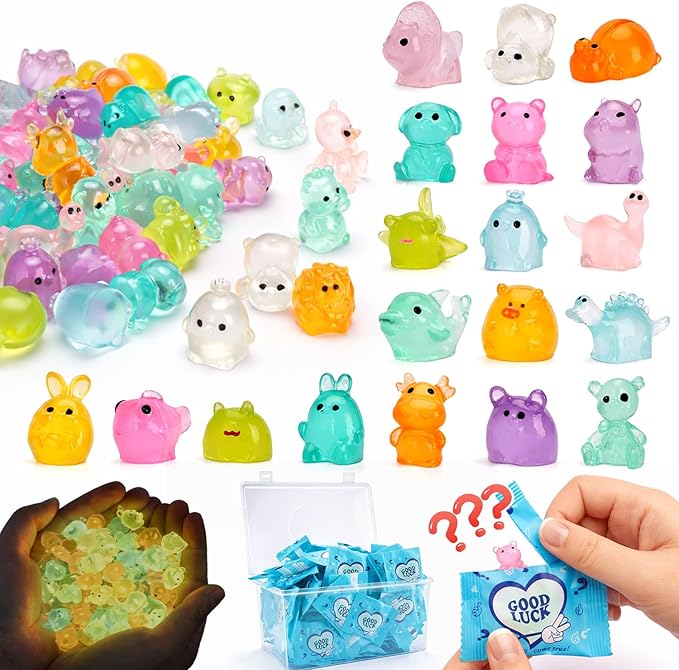 150 Pcs Mystery Bag Mini Resin Animals, Glow in The Dark Blind Bags with Storage Box, Forest Variety Pack, Miniature for DIY Crafts, Micro Landscape Fairy Garden Decor, Party Favors, Gifts (Animals)