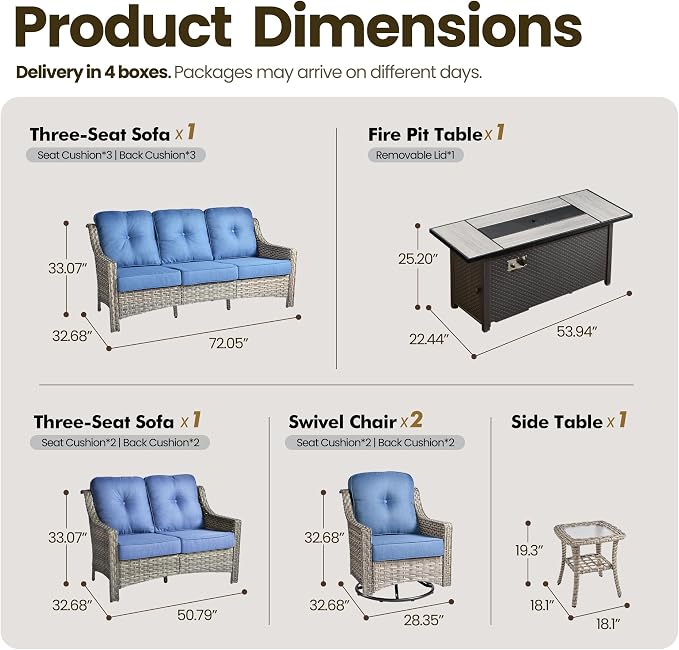 6 Piece Patio Furniture Set with Fire Pit Table, Conversation Sets with High Back Swivel Rocker Chairs, Outdoor Wicker Sofa Loveseat with Comfy Cushion for Backyard Deck Garden, Sapphire Blue